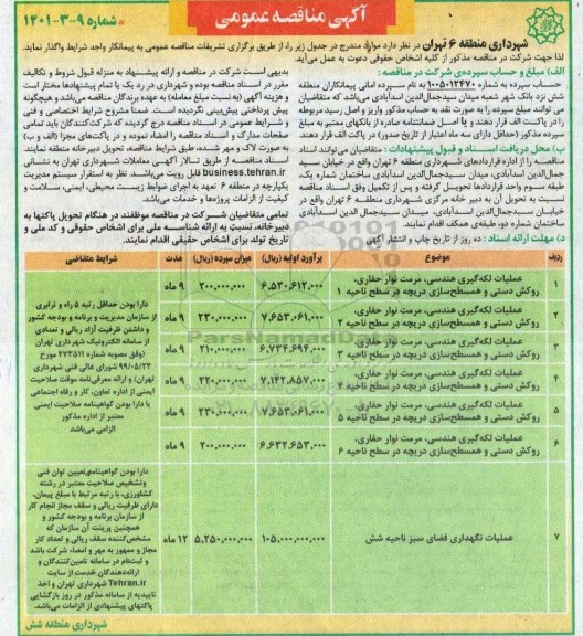 مناقصه، مناقصه عمومی عملیات لکه گیری هندسی، مرمت نوار حفاری، روکش دستی...