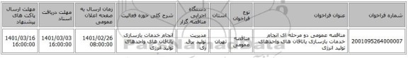 مناقصه عمومی دو مرحله ای انجام خدمات بازسازی یاتاقان های واحدهای تولید انرژی 