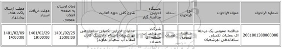 مناقصه عمومی یک مرحله ای عملیات تکمیلی ساماندهی نهرشعبان