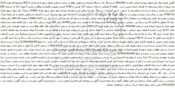 آگهی مزایده ششدانگ یک دستگاه آپارتمان مسکونی واقع در سمت شمالی طبقه سوم به مساحت 80/14 مترمربع 