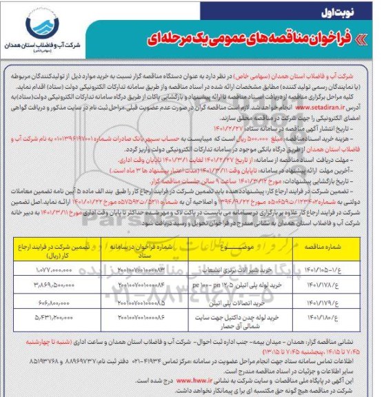 فراخوان مناقصه های عمومی خرید شیرآلات و...