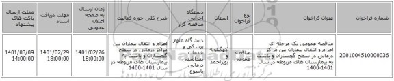 مناقصه عمومی یک مرحله ای  اعزام و انتقال بیماران بین مراکز درمانی در سطح   گچساران و باشت  به بیمارستان های مربوطه  در سال 1401-1400