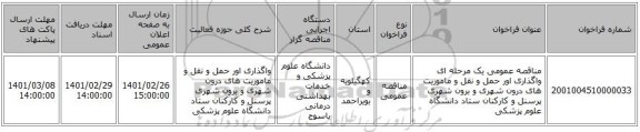 مناقصه عمومی یک مرحله ای واگذاری اور حمل و نقل و ماموریت های درون شهری و برون شهری پرسنل و کارکنان ستاد دانشگاه علوم پزشکی