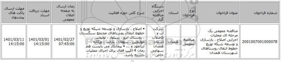 مناقصه عمومی یک مرحله ای عملیات اجرایی اصلاح ، بازسازی و توسعه شبکه توزیع خطوط انتقال روستاهای شهرستان همدان