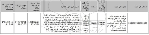 مناقصه عمومی یک مرحله ای حفر دوحلقه چاه مکانیکی با دستگاه ضربه ای تامین کننده آب شرب واقع در کوزره شیرین آباد شهرستان همدان