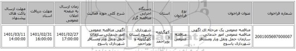 مناقصه عمومی یک مرحله ای اگهی مناقصه عمومی امور خدماتی سازمان حمل ونقل وبار ومسافر شهرداری یاسوج