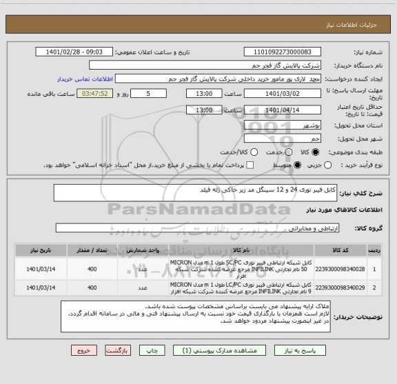 استعلام کابل فیبر نوری 24 و 12 سینگل مد زیر خاکی ژله فیلد