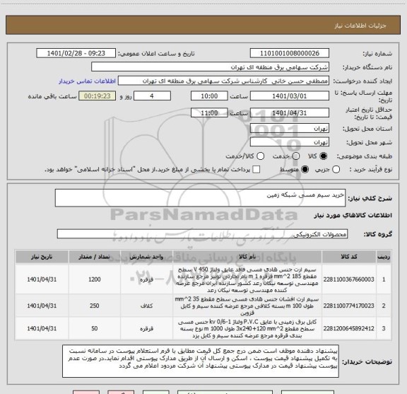 استعلام خرید سیم مسی شبکه زمین