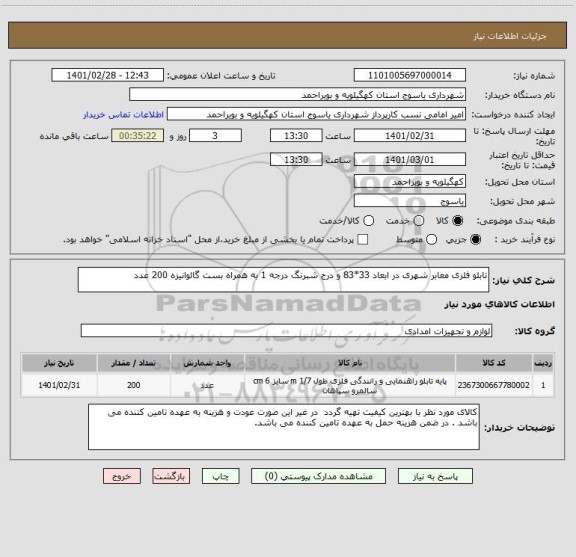 استعلام تابلو فلزی معابر شهری در ابعاد 33*83 و درج شبرنگ درجه 1 به همراه بست گالوانیزه 200 عدد