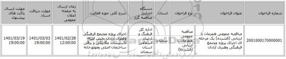 مناقصه عمومی همزمان با ارزیابی (فشرده) یک مرحله ای اجرای پروژه مجتمع فرهنگی وهنری آرادان