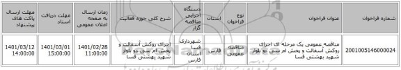 مناقصه عمومی یک مرحله ای اجرای روکش آسفالت و پخش ام سی دو بلوار شهید بهشتی فسا