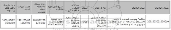 مناقصه عمومی همزمان با ارزیابی (فشرده) یک مرحله ای خرید خدمات خودرویی ستاد و منطقه شمال