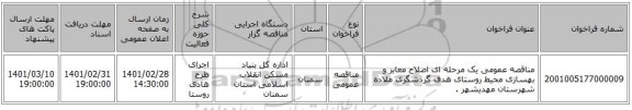 مناقصه عمومی یک مرحله ای اصلاح معابر و بهسازی محیط روستای هدف گردشگری ملاده شهرستان مهدیشهر .