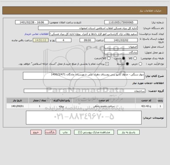 استعلام دیوار سنگی - جدول کانیو بتنی روستای دهباد علی شهرستان چادگان 1400/2/471