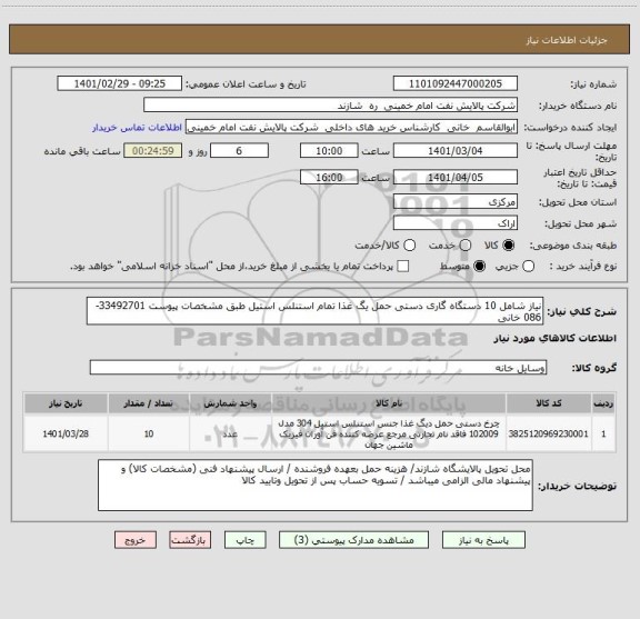 استعلام نیاز شامل 10 دستگاه گاری دستی حمل یگ غذا تمام استنلس استیل طبق مشخصات پیوست 33492701-086 خانی