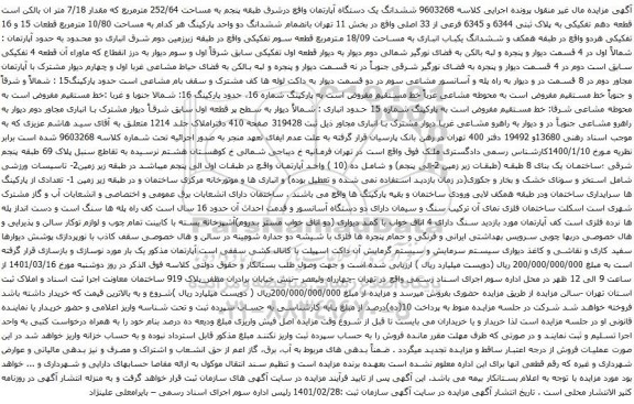 آگهی مزایده ششدانگ یک دستگاه آپارتمان واقع درشرق طبقه پنجم به مساحت 252/64 مترمربع