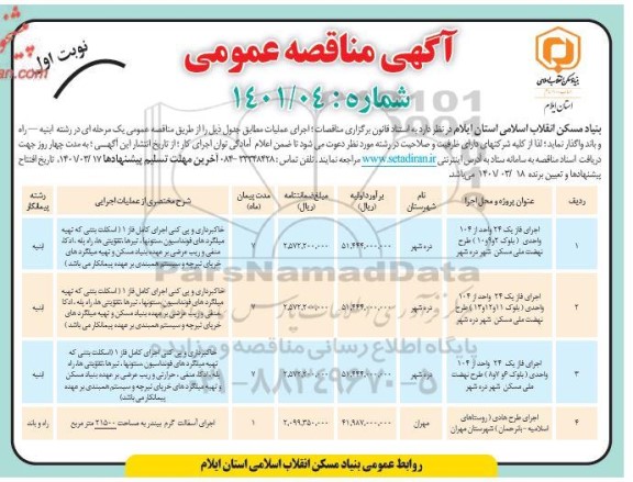 مناقصه اجرای فاز یک 24 واحد از 104 واحدی