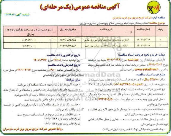 مناقصه انتخاب پیمانکار جهت انجام پروژه اصلاح و بهینه سازی شبکه های توزیع - نوبت دوم