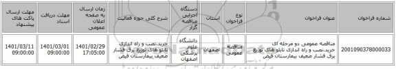 مناقصه عمومی دو مرحله ای خرید،نصب و راه اندازی تابلو های توزیع برق فشار ضعیف بیمارستان فیض