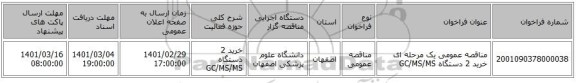 مناقصه عمومی یک مرحله ای خرید 2 دستگاه GC/MS/MS