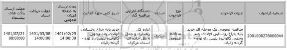 مناقصه عمومی یک مرحله ای خرید پایه چراغ روشنایی فولادی چند وجهی گالوانیزه پلیس راه توره - گردنه زالیان