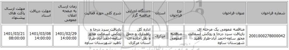 مناقصه عمومی یک مرحله ای بازیافت سرد درجا و روکش آسفالت محور ساوه-احمد آباد-طراز ناهید شهرستان ساوه