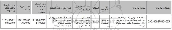 مناقصه عمومی یک مرحله ای ماسه آسفالت و روکش محور دلیجان - نراق -مشهد اردهال شهرستان دلیجان