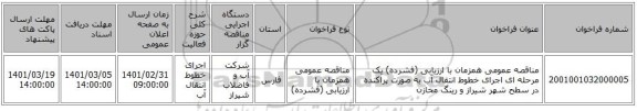 مناقصه عمومی همزمان با ارزیابی (فشرده) یک مرحله ای اجرای خطوط انتقال آب به صورت پراکنده در سطح شهر شیراز و رینگ مخازن