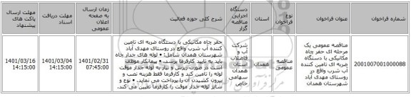 مناقصه عمومی یک مرحله ای حفر چاه مکانیکی با دستگاه ضربه ای تامین کننده آب شرب واقع در روستای مهدی آباد شهرستان همدان