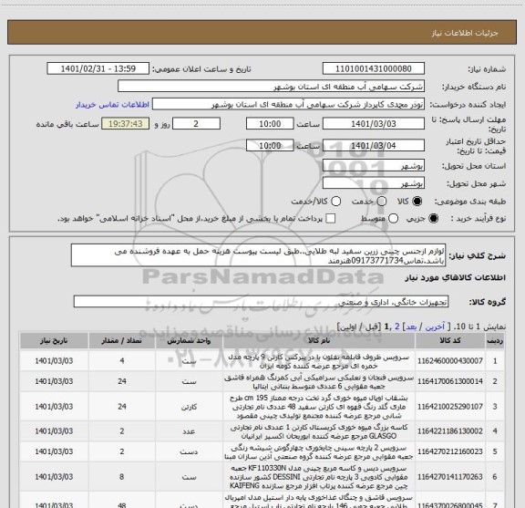 استعلام لوازم ازجنس چینی زرین سفید لبه طلایی..طبق لیست پیوست هزینه حمل به عهده فروشنده می باشد.تماس09173771734هنرمند