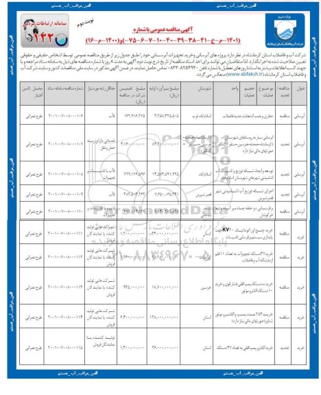 مناقصه پروژه های آبرسانی و خرید تجهیزات آبرسانی ... نوبت دوم