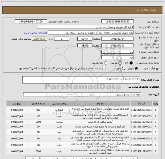 استعلام مواد غذایی از قبیل :خیارشور و....