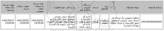 مناقصه عمومی یک مرحله ای اجرای شوت خروجی آبنماهای محور کلکسورک و اجرای آبنمای بلوچ آباد (تجدید)