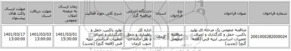 مناقصه عمومی یک مرحله ای تولید باکس، حمل و کارگذاری و اجرای تعمیرات اساسی ابنیه فنی (قلعه گنج) (تجدید)