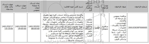 مناقصه عمومی یک مرحله ای واگذاری امورمدیریتی ، نگهداری راهبردی ، تعمیرات ، تاسیسات شبکه آبیک ، البرز ، شفا و شهید بلندیان دانشگاه علوم پزشکی قزوین 