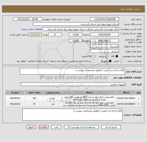 استعلام کلاه و چانه بند ایمنی ( مطابق مشخصات پیوست ) 