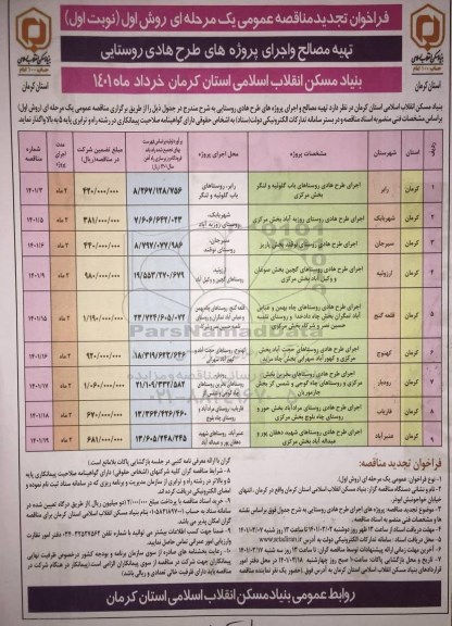 مناقصه اجرای طرح هادی روستاها