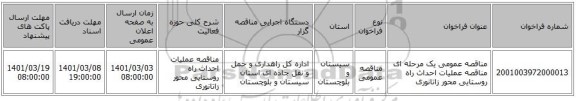 مناقصه عمومی یک مرحله ای مناقصه عملیات احداث راه روستایی محور زاتانوری