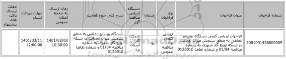 فراخوان ارزیابی کیفی دستگاه بوسنج دماغی به منظور سنجش میزان اودرانت در شبکه توزیع گاز شهری به شماره مناقصه 01/04 و شماره تقاضا 0120010