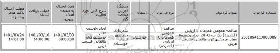 مناقصه عمومی همزمان با ارزیابی (فشرده) یک مرحله ای ایجاد وتوسعه معابر خرمشهرکوی طالقانی قسمت غربی