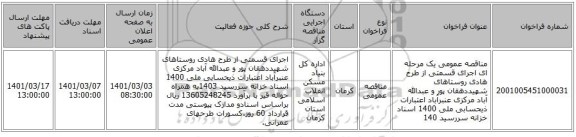 مناقصه عمومی یک مرحله ای اجرای قسمتی از طرح هادی روستاهای شهیددهقان پور و عبدالله آباد مرکزی عنبرآباد اعتبارات ذیحسابی ملی 1400 اسناد خزانه سررسید 140