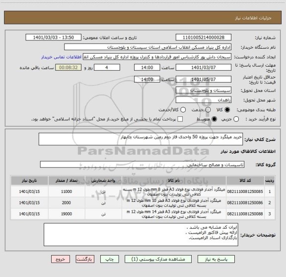 استعلام خرید میلگرد جهت پروژه 50 واحدی فاز دوم رمین شهرستان چابهار