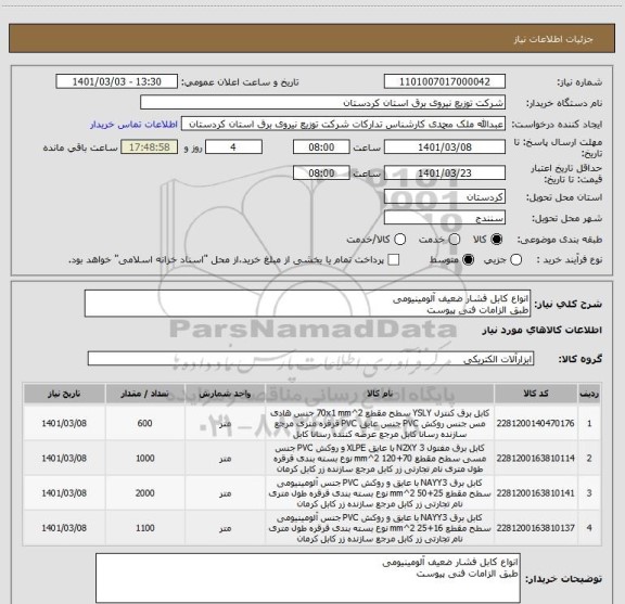 استعلام انواع کابل فشار ضعیف آلومینیومی 
طبق الزامات فنی پیوست