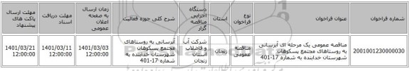 مناقصه عمومی یک مرحله ای آبرسانی به روستاهای مجتمع پسکوهان شهرستان خدابنده به شماره 17-401