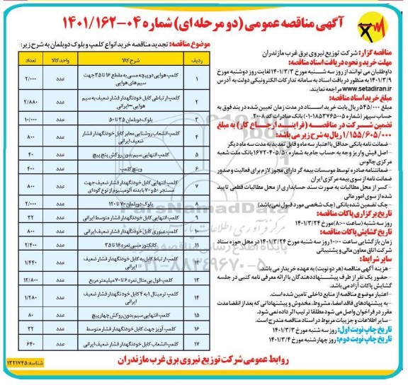 تجدید مناقصه خرید انواع کلمپ و بلوک دوبلمان 