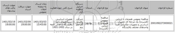 مناقصه عمومی همزمان با ارزیابی (فشرده) یک مرحله ای تعمیرات اساسی و تجهیزات مکانیکی ثابت واحدهای مختلف پالایشگاه