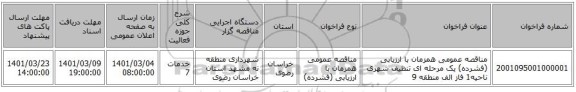 مناقصه عمومی همزمان با ارزیابی (فشرده) یک مرحله ای تنظیف شهری ناحیه1 فاز الف منطقه 9