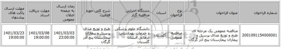 مناقصه عمومی یک مرحله ای طبخ و توزیع غذای پرسنل و بیماران بیمارستان پنج آذر گرگان