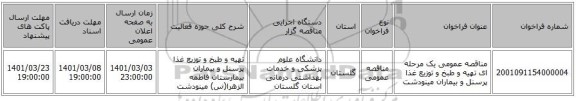 مناقصه عمومی یک مرحله ای تهیه و طبخ و توزیع غذا پرسنل و بیماران  مینودشت