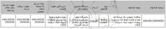 مناقصه عمومی یک مرحله ای تهیه و طبخ و توزیع غذا پرسنل و بیماران شهید صیاد شیرازی گرگان